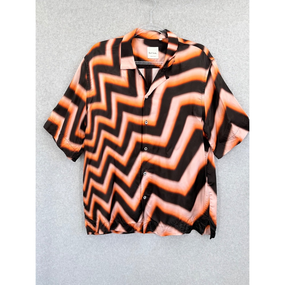 Paul Smith Button Down Shirt Mens L‎ Orange Black Zig Zag Short Sleeve Viscose